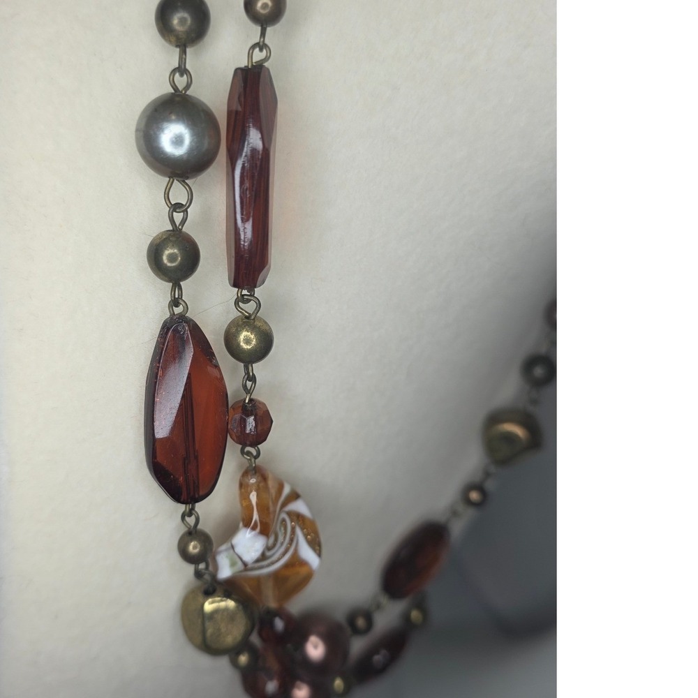 Long Unbranded Blown Glass Bead Necklace Sparkle Art Glass Brown Bronze Tone - Picture 8 of 11